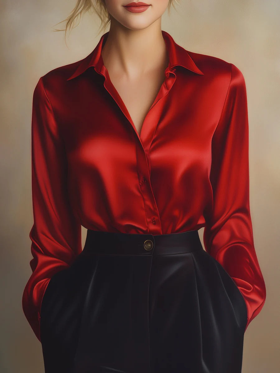 Jess™ | Elegant Black Satin Long Sleeves Blouse