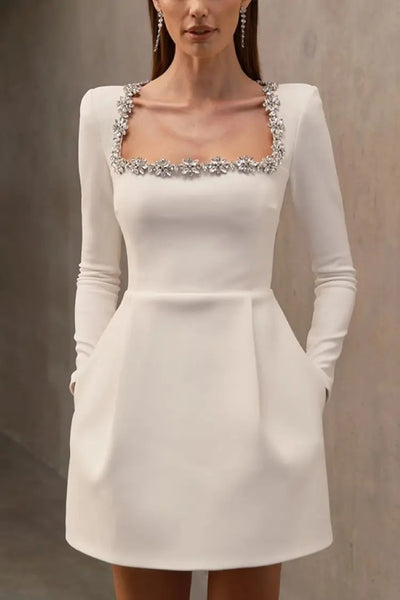 Laiona™ | Velvet  Embellished Trim Long Sleeve Pocketed Dress