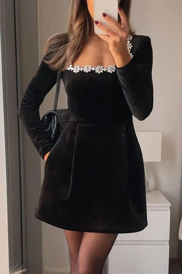 Laiona™ | Velvet  Embellished Trim Long Sleeve Pocketed Dress